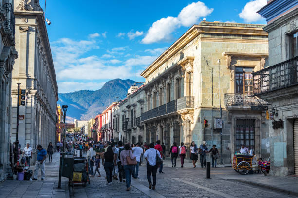 OAXACA, MEXICO - MARCH 4: Busy pedestrian street in the historic center of Oaxaca, Mexico on March 4, 2017