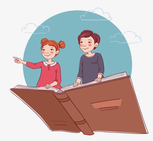 かわいい男の子と女の子が本の上を飛んで - small child image white background点のイラスト素材／クリップアート素材／マンガ素材／アイコン素材