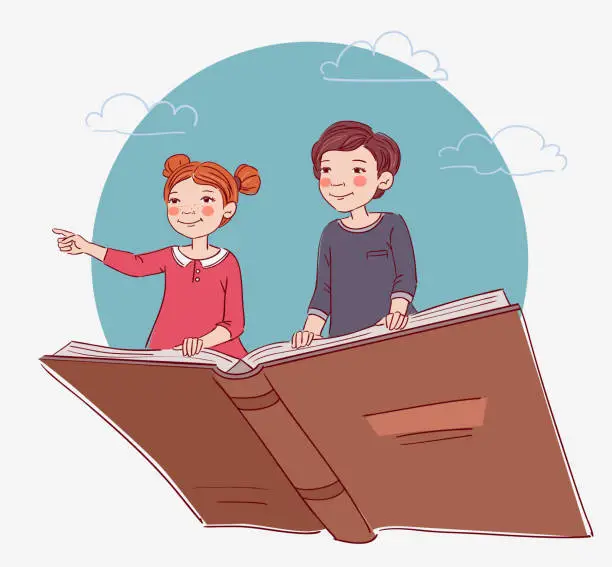 Vector illustration of Cute boy and girl flying on the book