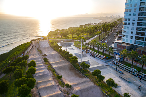 Lima, Perú - April 5 2019: Aerial view of skatepark in Lima. Cliff and pacific ocean in the background. Malecon Cisneros area in Miraflores district.
