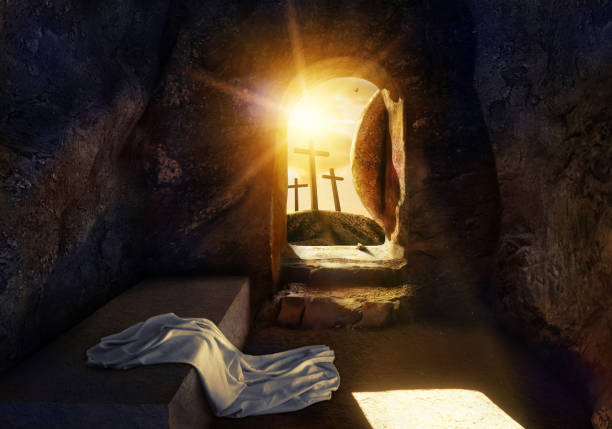He is Risen. Empty Tomb With Shroud. Crucifixion at Sunrise. -3d rendering. - Illustration. stock photo