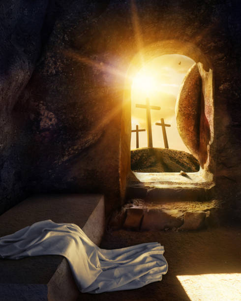He is Risen. Empty Tomb With Shroud. Crucifixion at Sunrise. -3d rendering. - Illustration. stock photo