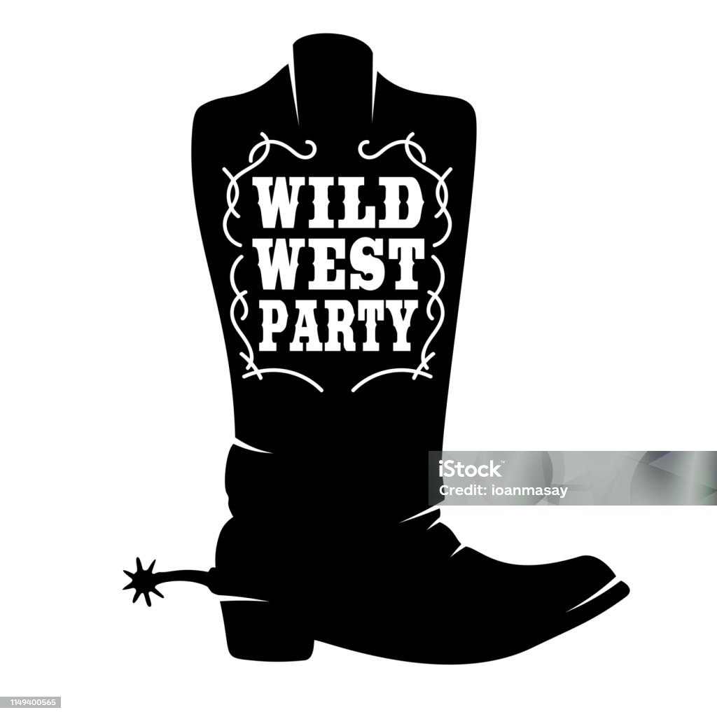 Wild west party. Cowboy boot with lettering.  Design element for poster, t shirt, emblem, sign. Wild West stock vector