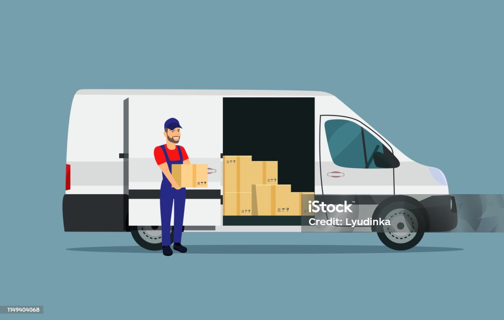Van Loading Vector Ðan Loads Boxes In A Cargo Van Vector Flat Style Illustration Stock ...