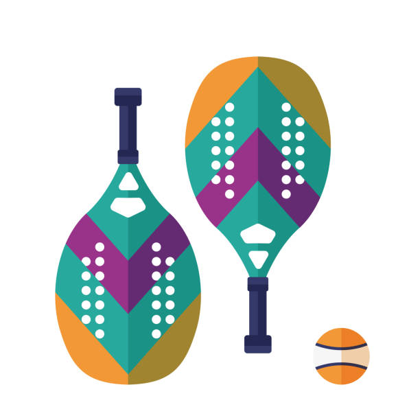Beach Tennis Rackets and Ball Set Beach and paddle tennis icons. Colorful rackets pair and ball isolated on white background. Summer beach sport and activities equipment in flat design. beach stock illustrations