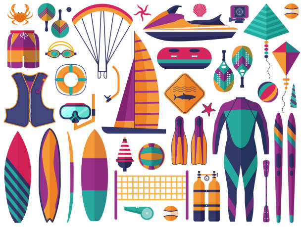 ilustrações, clipart, desenhos animados e ícones de ícones dos esportes de água da praia ajustados - life belt nautical vessel life jacket buoy