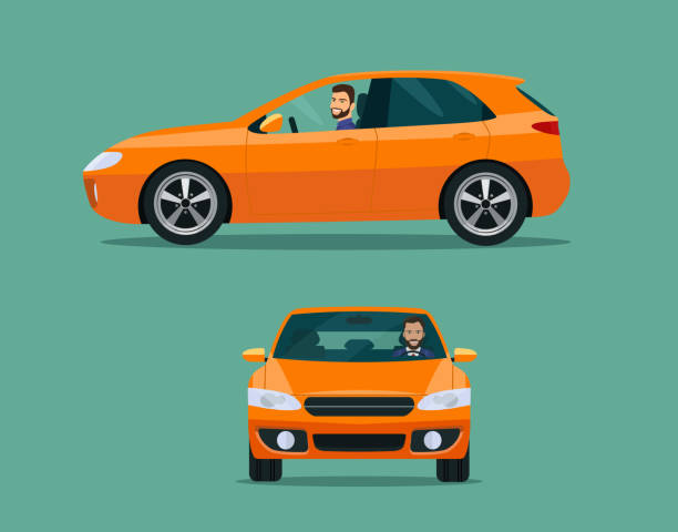 ilustraciones, imágenes clip art, dibujos animados e iconos de stock de naranja hatchback coche dos ángulos fijados. coche con vista lateral conductor hombre - coche pequeño