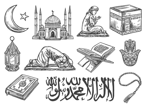 Islam religion and culture line art icons. Muslim mosque and crescent moon, Ramadan lantern and Holy Quran, arabic calligraphy, Kaaba mosque in Mecca, prayer or salah, prayer beads and hamsa, hand vector