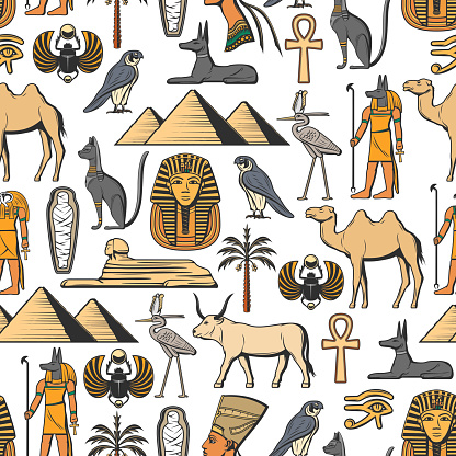 Egyptian symbols vector seamless pattern