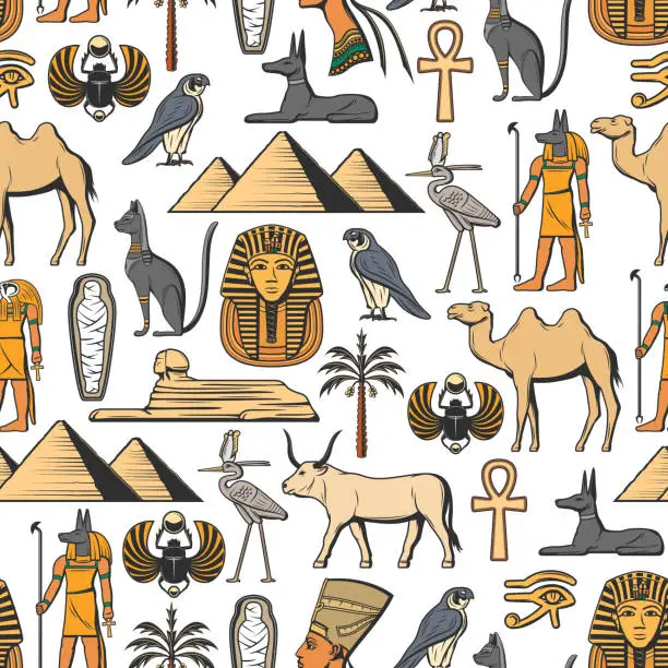 Vector illustration of Egyptian symbols vector seamless pattern