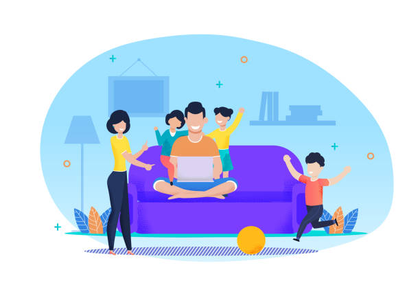 Work and Family Life Balance Flat Vector Cartoon Busy Father Working on Laptop in Living Room at Home. Daughters Want to Play with Dad. Son Kicking Ball. Mother Come Down on Kids. Flat Cartoon Happy Family Vector. Parents and Children Illustration. family internet stock illustrations