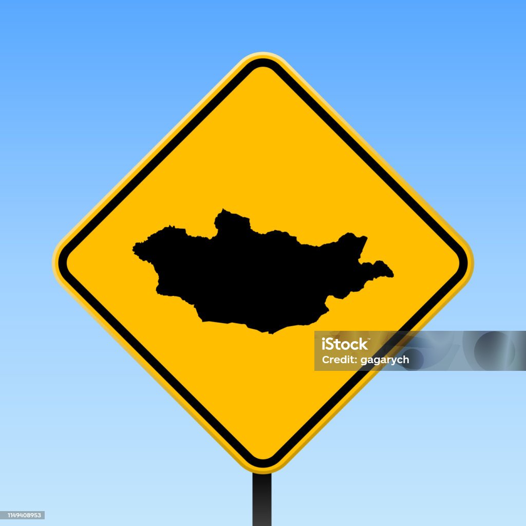 Mongolia map on road sign. Mongolia map on road sign. Square poster with Mongolia country map on yellow rhomb road sign. Vector illustration. Animal Body Part stock vector