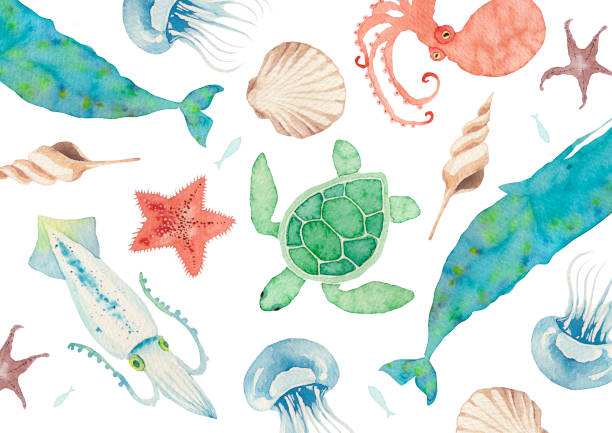 ilustraciones, imágenes clip art, dibujos animados e iconos de stock de las criaturas marinas textiles - jellyfish sea green underwater