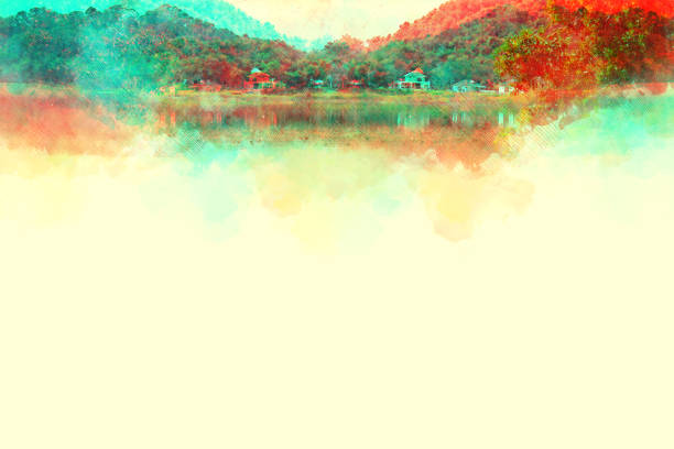 istock Abstract colorful shape on mountain peak and tree landscape on watercolor illustration painting background. 1149411217