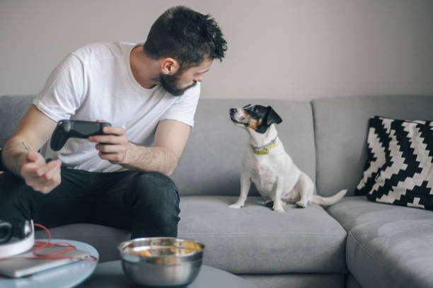 istock Young men at home with his dog 1149413211
