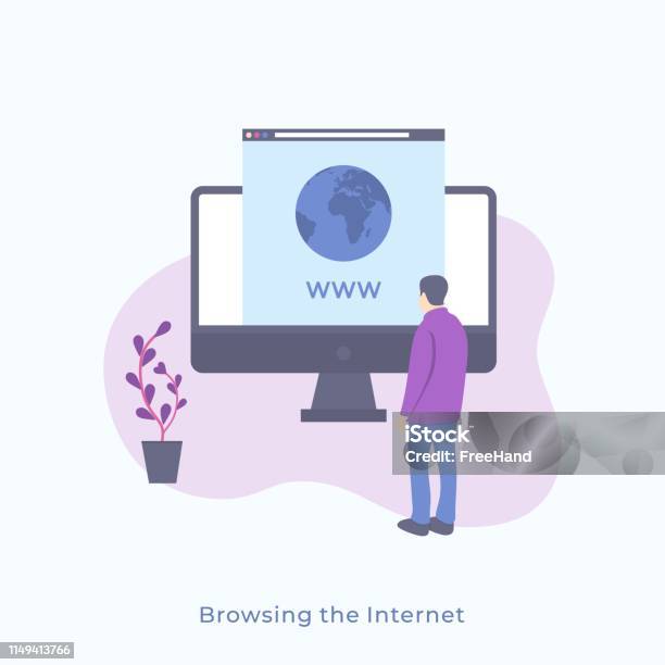 Illustration Of A Simple Man Standing Backwards And Looking At Monitor With Stock Illustration - Download Image Now