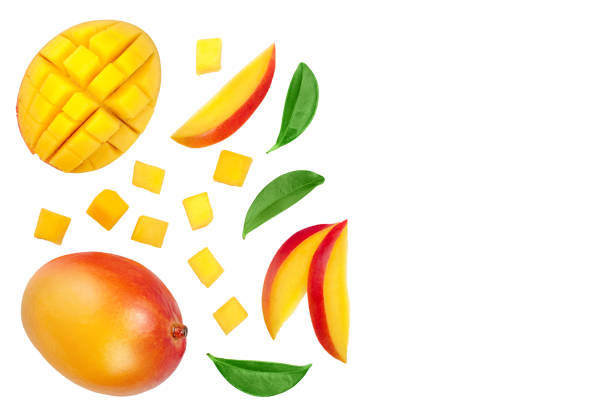istock Mango fruit and half with slices isolated on white background with copy space for your text. Top view. Flat lay 1149414893