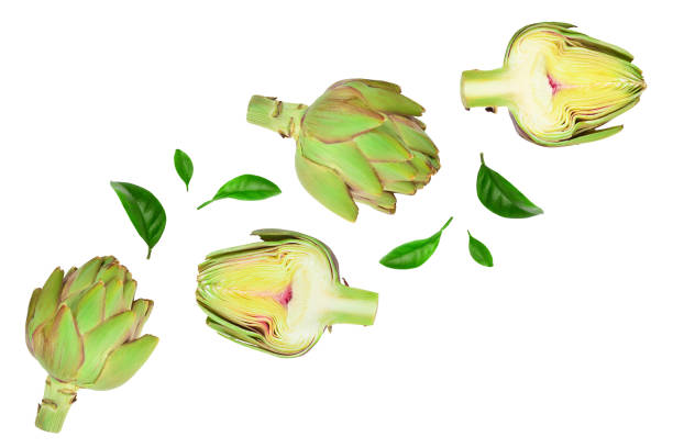 Fresh Artichokes and half isolated on white background with copy space for your text. Top view. Flat lay, Fresh Artichokes and half isolated on white background with copy space for your text. Top view. Flat lay, . artichoke stock pictures, royalty-free photos & images
