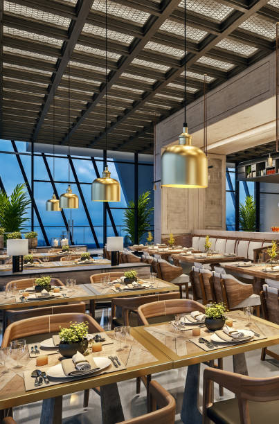 istock Modern interior design of restaurant lounge, oriental Arabic style with wire mesh ceiling and hidden lights,  wood and bronze gold colors, 3d rendering 1149420901