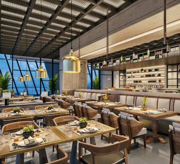 istock Modern interior design of restaurant lounge, oriental Arabic style with wire mesh ceiling and hidden lights,  wood and bronze gold colors, 3d rendering 1149420916