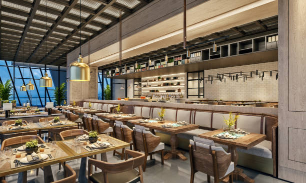 istock Modern interior design of restaurant lounge, oriental Arabic style with wire mesh ceiling and hidden lights,  wood and bronze gold colors, 3d rendering 1149420918