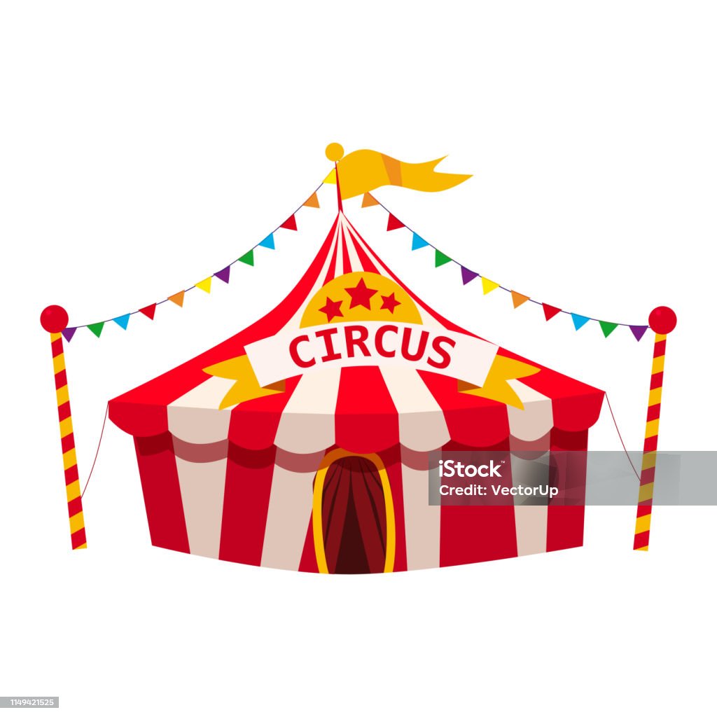 Circus tent, awning, red and white stripes, entertainment, carnival, fun. Isolated, vector, illustration on a white background, cartoon style Circus tent, awning, red and white stripes, entertainment carnival fun Circus Tent stock vector