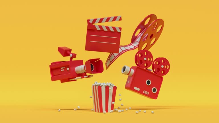 film camera popcorn red yellow cartoon style minimal 3d rendering cinema theater concept