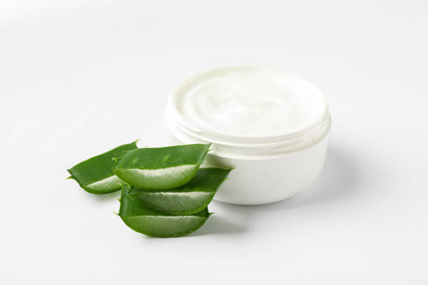 istock Composition with natural treatment accessories on white background, space for text. Aloe vera 1149424474