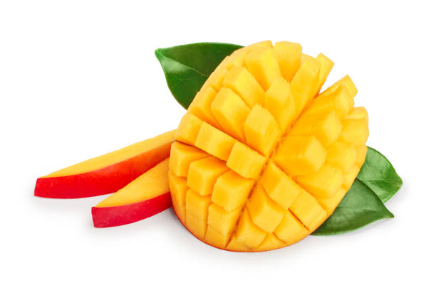 istock Mango fruit half with leaves and slices isolated on white background close-up 1149425434