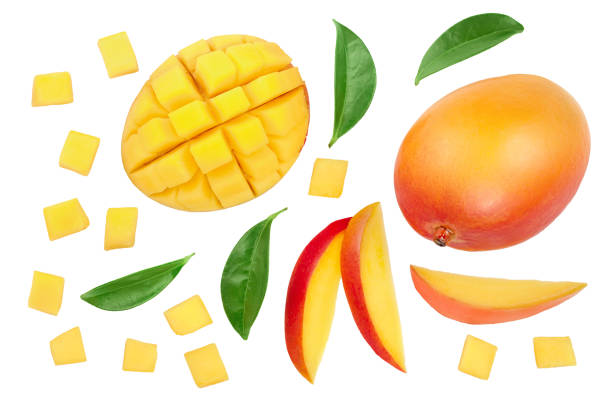 istock Mango fruit half with slices isolated on white background. Set or collection. Top view. Flat lay 1149425438