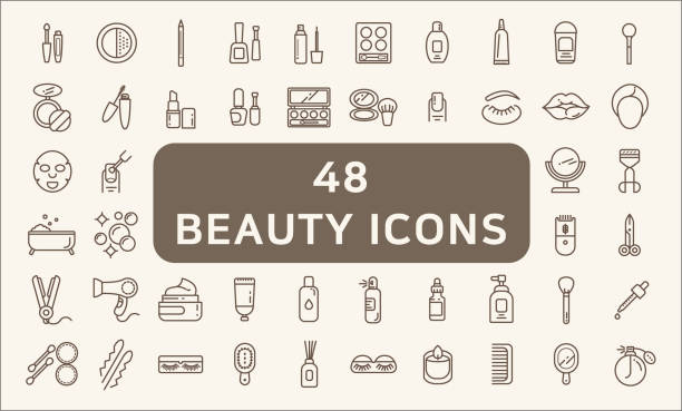 48 아름다움과 화장품 아이콘 라인 스타일의 집합입니다. - 손거울 stock illustrations
