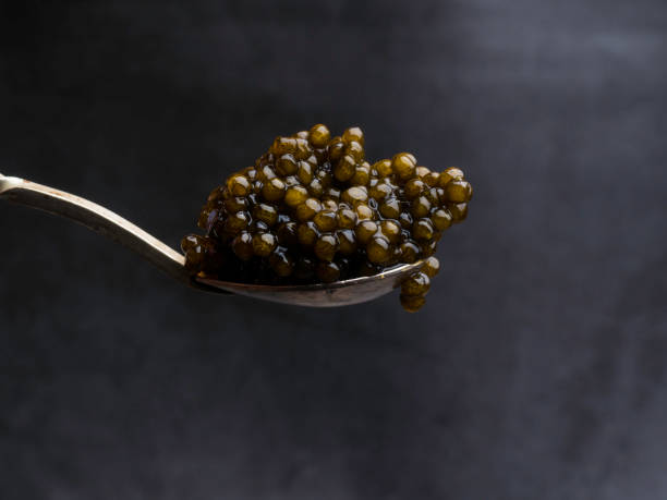 istock Spoon with black caviar on concrete background. Free space for text. 1149428080