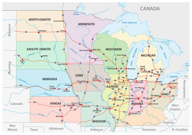 karte des mittleren westens der vereinigten staaten von amerika - iowa map stock-grafiken, -clipart, -cartoons und -symbole