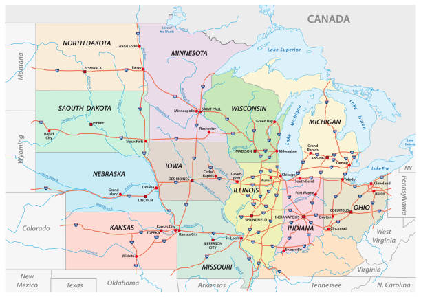 ilustrações de stock, clip art, desenhos animados e ícones de map of the midwest united states of america - kansas map design state