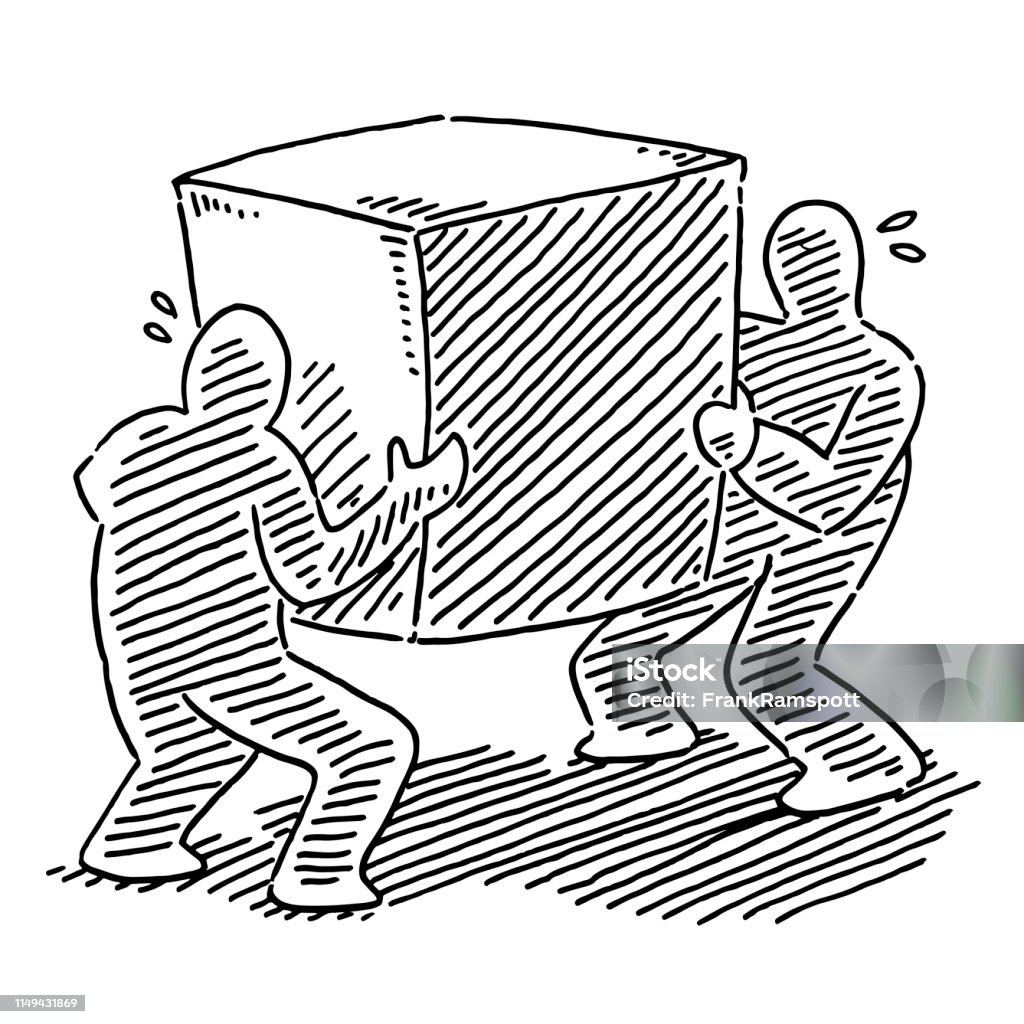 Two Human Figures Carrying A Heavy Box Drawing Hand-drawn vector drawing of Two Human Figures Carrying A Heavy Box. Black-and-White sketch on a transparent background (.eps-file). Included files are EPS (v10) and Hi-Res JPG. Box - Container stock vector