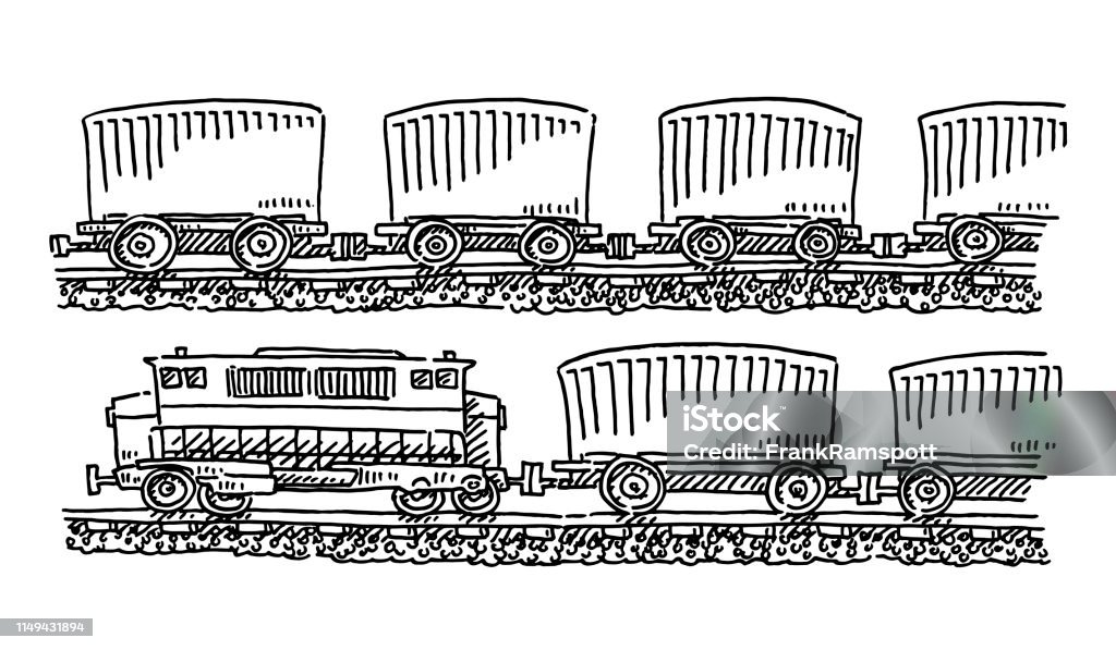 Freight Train Side View Drawing Hand-drawn vector drawing of two Freight Trains one upon the other, Side View. Black-and-White sketch on a transparent background (.eps-file). Included files are EPS (v10) and Hi-Res JPG. Freight Train stock vector