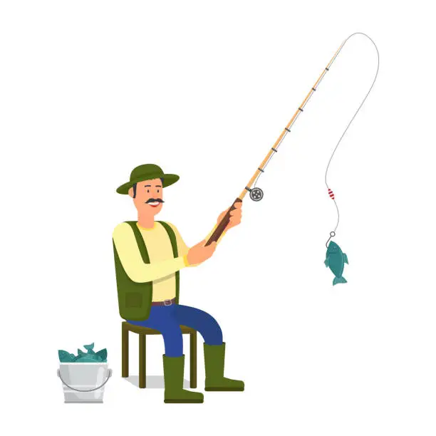 Vector illustration of Fisherman with Fishing Rod on White Background.