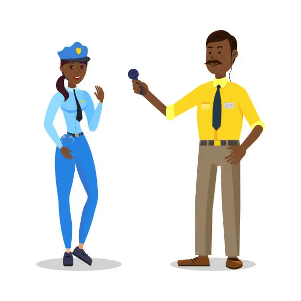 Vector illustration of Black Woman in Police Uniform and Journalist.