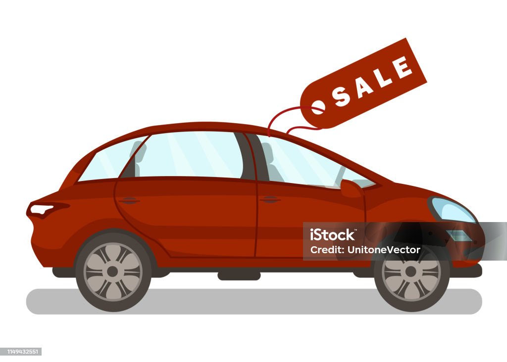 New Automobile for Sale Flat Vector Illustration New Automobile for Sale Flat Vector Illustration. Red Hatchback with Big Label, Empty Minivan Side View. Car Rent Business. Family Transportation, Coupe. Vehicle Showroom, Dealership Service Car stock vector