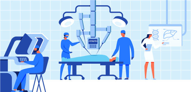Robotic Surgery Medical Operation for Patient. Robotic Surgery Health Care Concept Banner Vector Illustration. Patient laying on Operating Table, Arms of Robot, and Male Doctor Monitoring and Assisting with Controllers. Modern Operation. robotics stock illustrations
