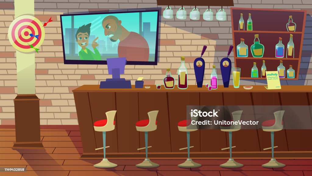 Drinking Establishment. Interior of Pub, Cafe, Bar Drinking Establishment. Interior of Pub, Cafe or Bar with Counter, Chairs and Shelves with Alcohol Bottles. Glasses, Tv with Movie, Dart, Wooden Decor with Brick Wall. Cartoon Flat Vector Illustration Bar Counter stock vector