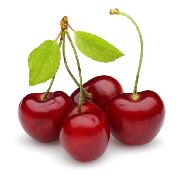 istock Ripe red cherries with green leaves isolated 1149433785