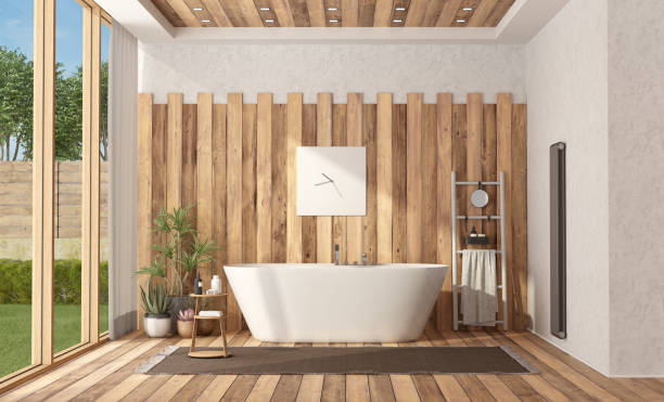 istock Modern wooden bathroom with bathtub 1149443809