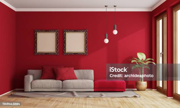 Red Living Room With Modern Sofa Stock Photo - Download Image Now - Red, Living Room, Wall - Building Feature