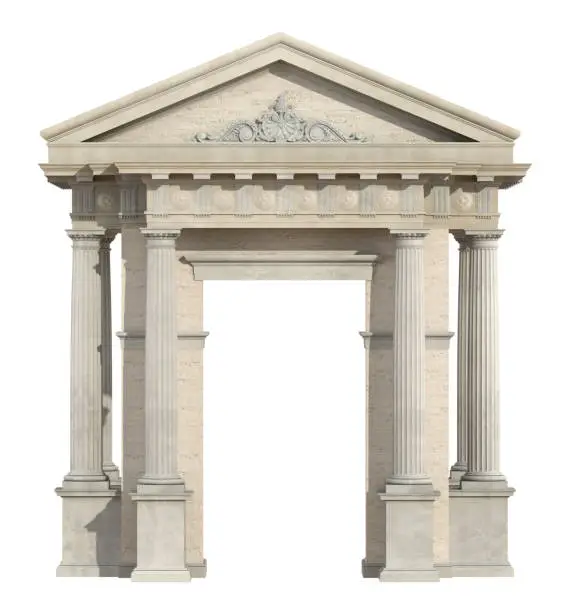 Portal in neoclassical style isolated on white with Doric column and tympanon - 3d rendering