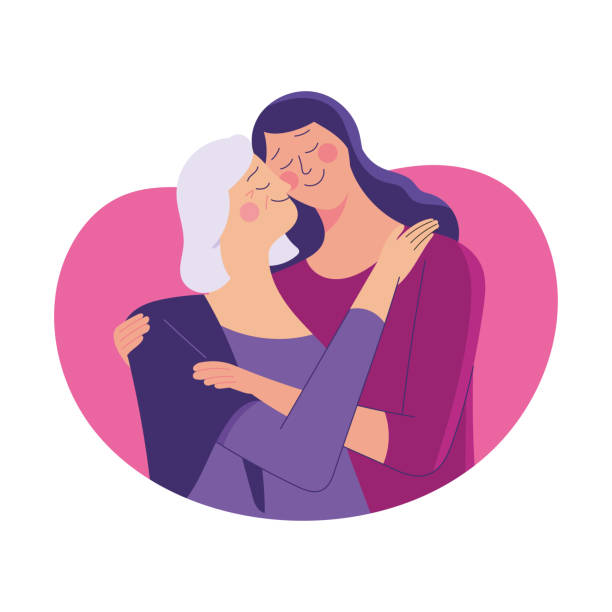 mother and daughter hugging each other young woman hug her old mother with love, mother and daughter love as family, mother's day concept media senior citizen day stock illustrations