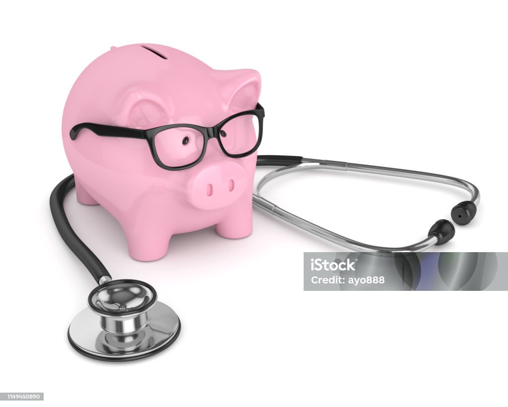 3d render of piggy bank with stethoscope 3d render of pink piggy bank with stethoscope over white background Pig Stock Photo