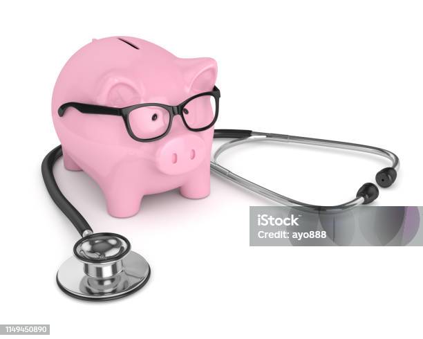 3d Render Of Piggy Bank With Stethoscope Stock Photo - Download Image Now - Pig, Stethoscope, Banking