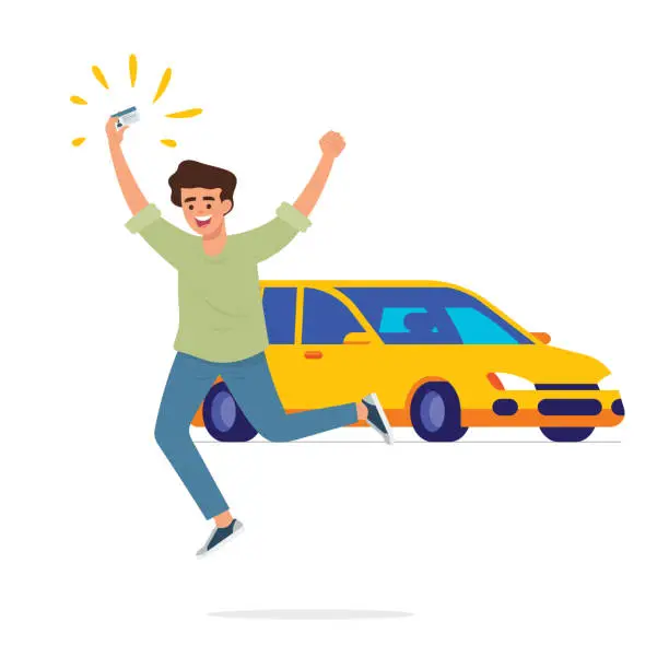 Vector illustration of Boy jump in front of his car