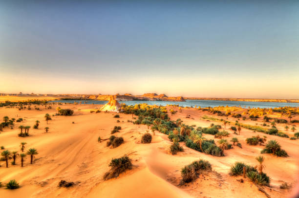 Aerial sunrise Panoramic view to Yoa lake group of Ounianga kebir lakes at the Ennedi, Chad Aerial sunrise Panoramic view to Yoa lake group of Ounianga kebir lakes , Ennedi, Chad lakes of ounianga photos stock pictures, royalty-free photos & images
